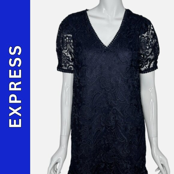 Express Dress Lace Navy Blue Short Sleeve Small Short Formal NEW - Picture 1 of 16